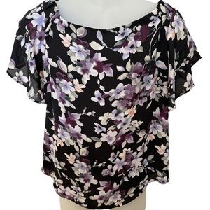 WHBM White House Black Market Purple Floral Blouse Top Women SP Small